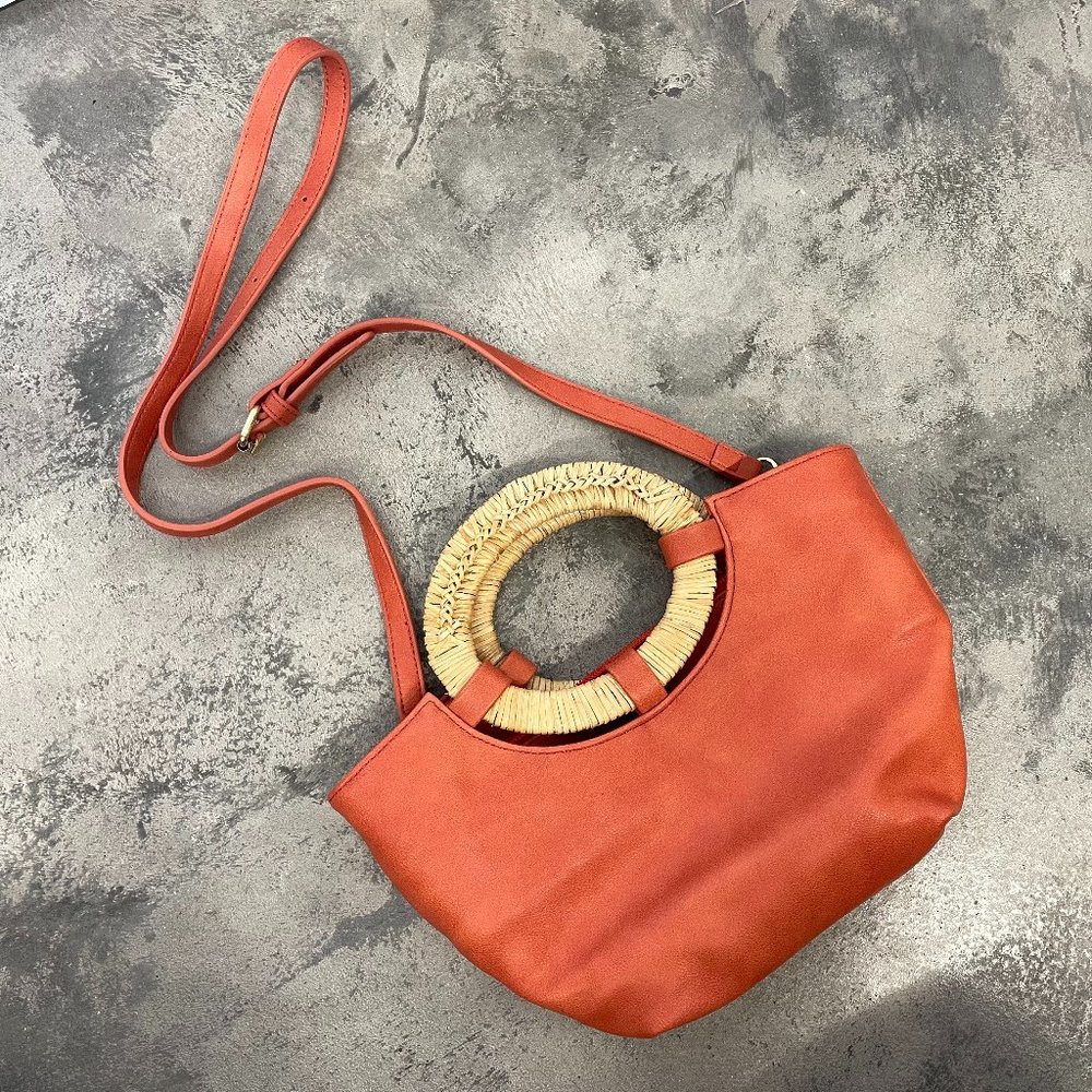 Anthropologie Coral Pleather Purse with Wicker Handles
